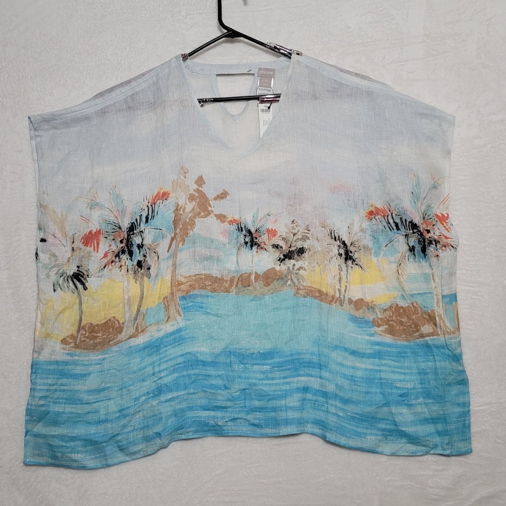Chico's Womens poncho Size L/XL blue multi beachy tropical bathing suit cover